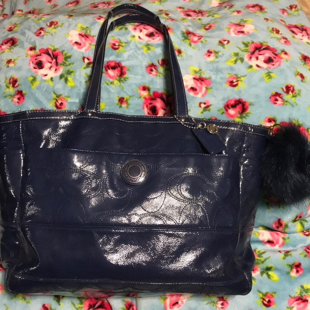Navy patent leather coach diaper bag